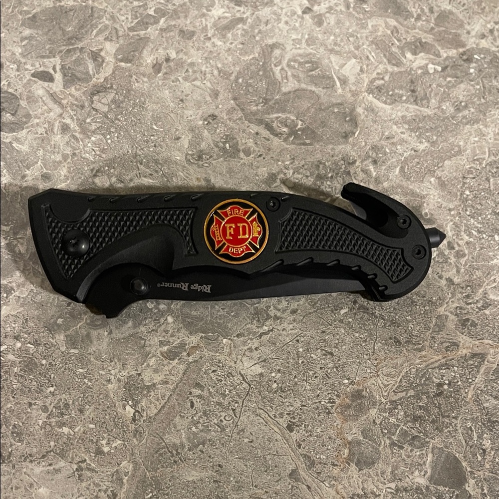 Black Tactical Folding Knife with Fire Department Emblem